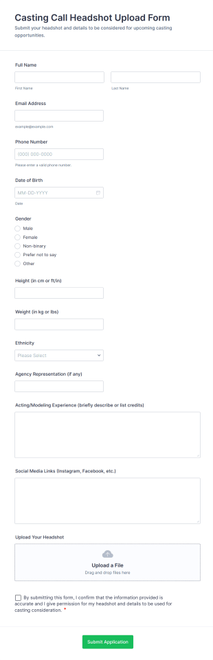Casting Call Headshot Upload Form Template