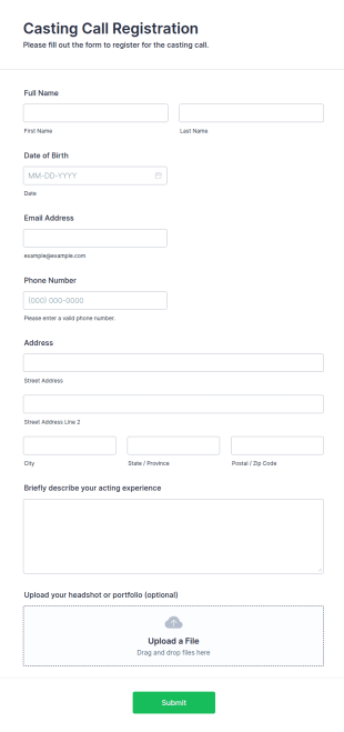 Casting Call Registration Form Template