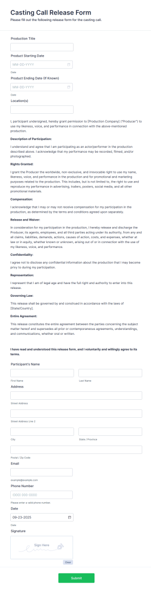 Casting Call Release Form Template