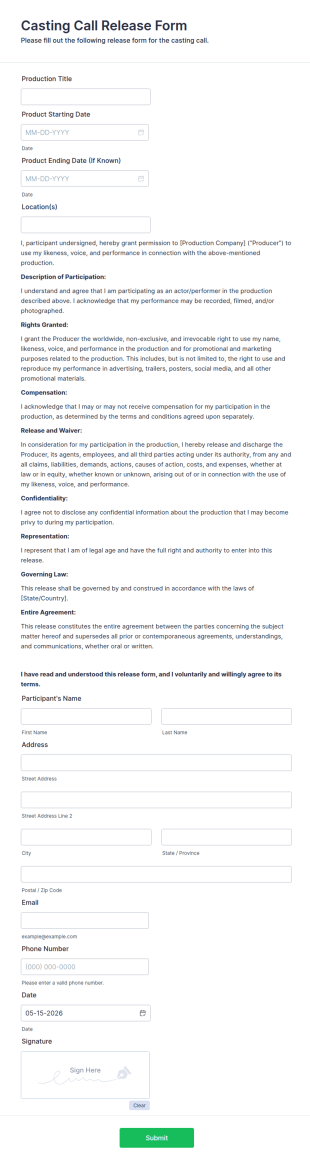 Casting Call Release Form Template
