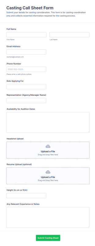 Casting Call Sheet Form Template