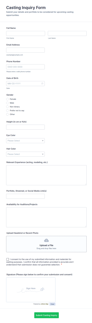 Casting Inquiry Form Template