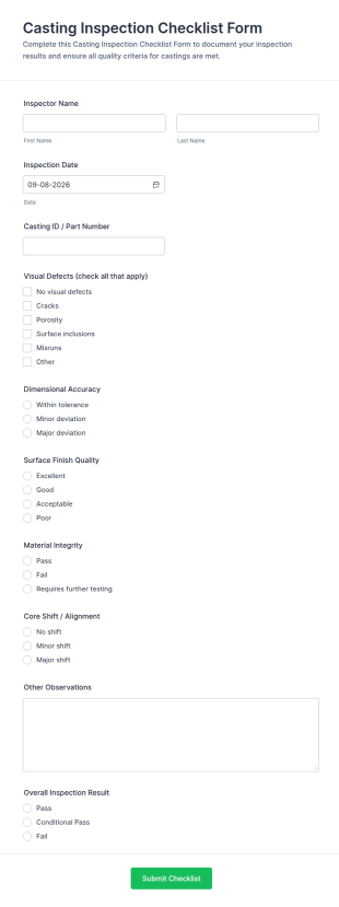 Casting Inspection Checklist Form Template