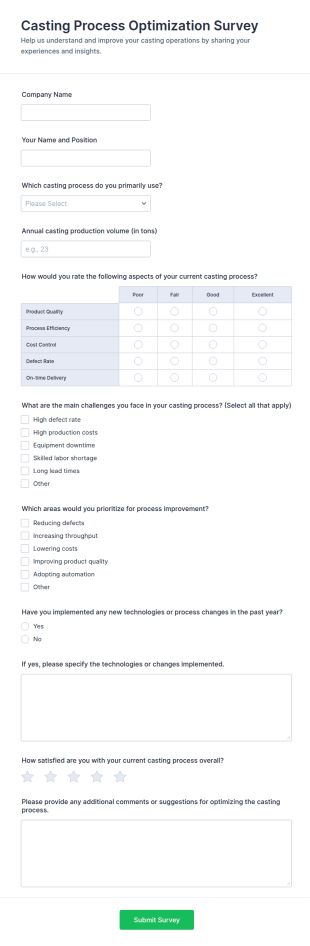 Casting Process Optimization Survey Form Template