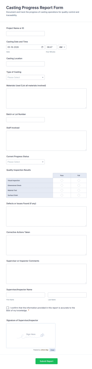 Casting Progress Report Form Template