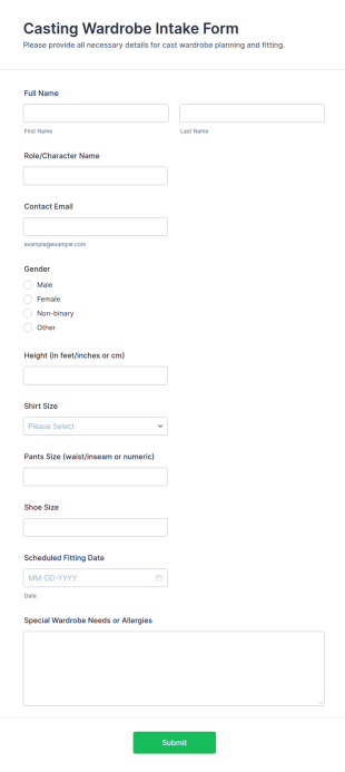 Casting Wardrobe Intake Form Template