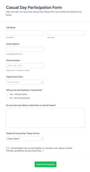Casual Day Participation Form Template