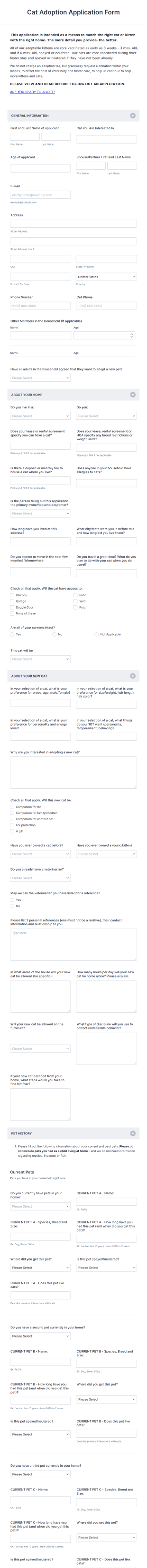 Cat Adoption Application Form Template