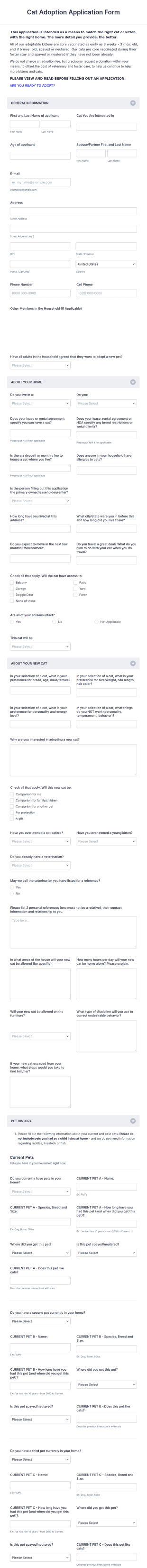 Cat Adoption Application Form Template
