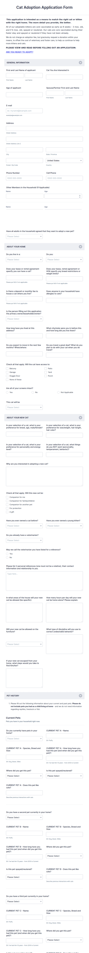 Cat Adoption Application Form Template