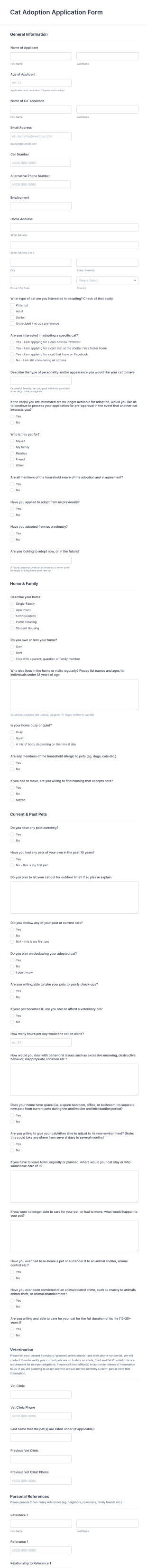 Cat Adoption Application Form Template