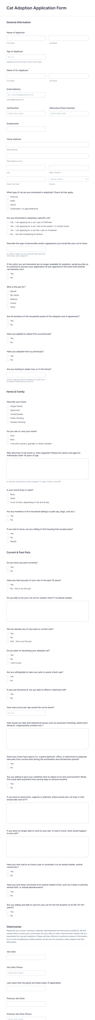 Cat Adoption Application Form Template