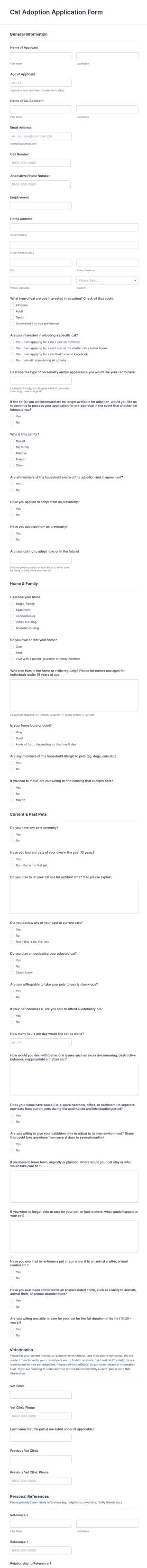 Cat Adoption Application Form Template