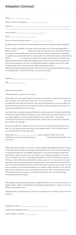 Cat Adoption Contract Form Template