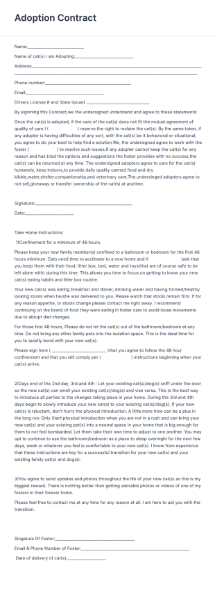 Cat Adoption Contract Form Template