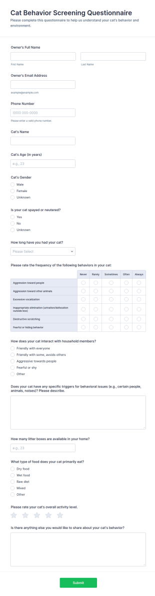 Cat Behavior Screening Questionnaire Form Template