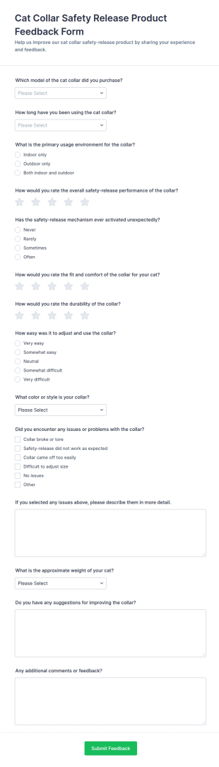 Cat Collar Safety Release Product Feedback Form Template