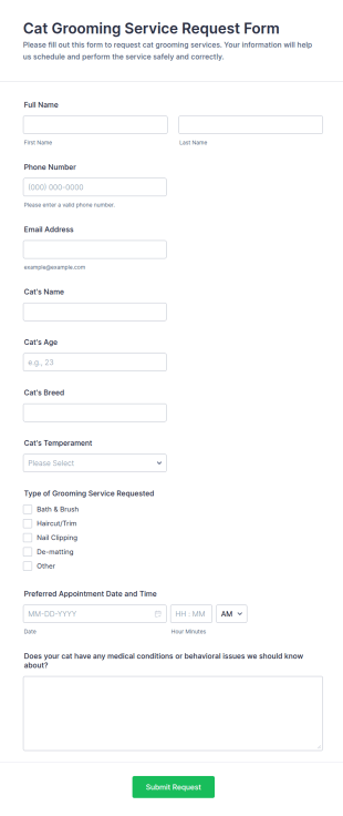 Cat Grooming Service Request Form Template