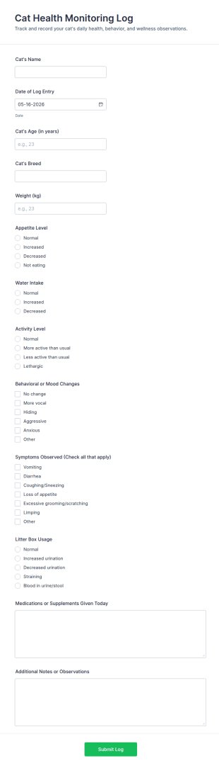 Cat Health Monitoring Log Form Template