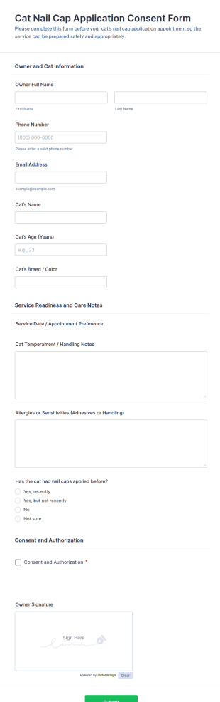 Cat Nail Cap Application Consent Form Template