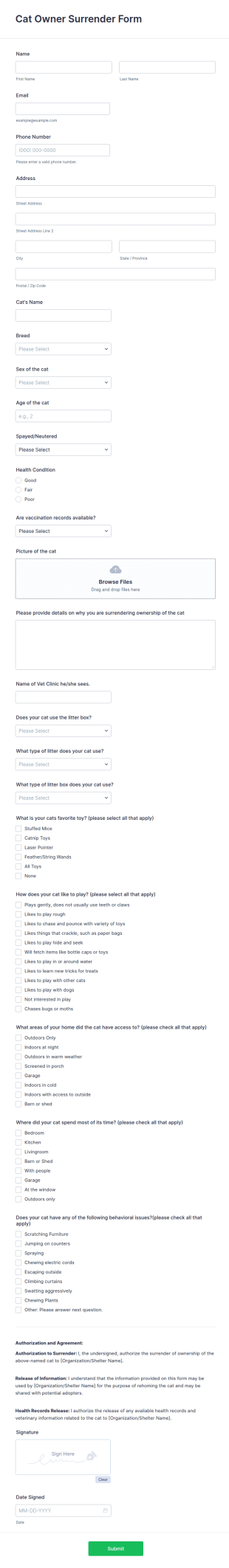 Cat Owner Surrender Form Template