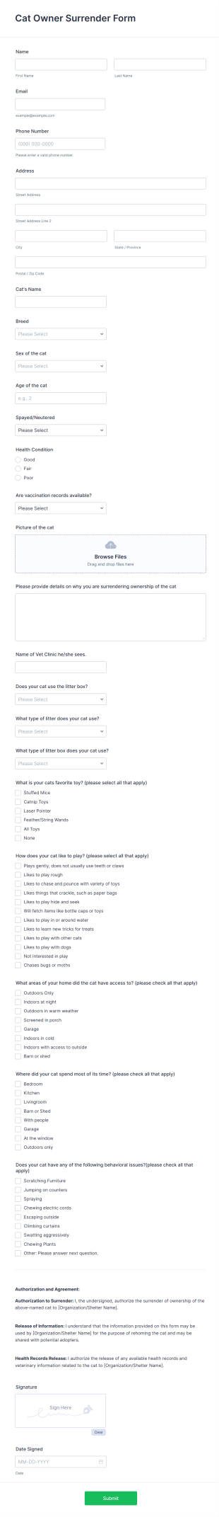 Cat Owner Surrender Form Template
