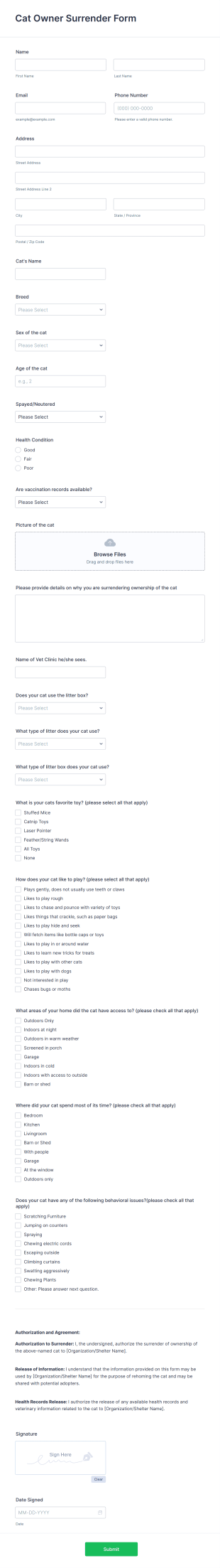 Cat Owner Surrender Form Template