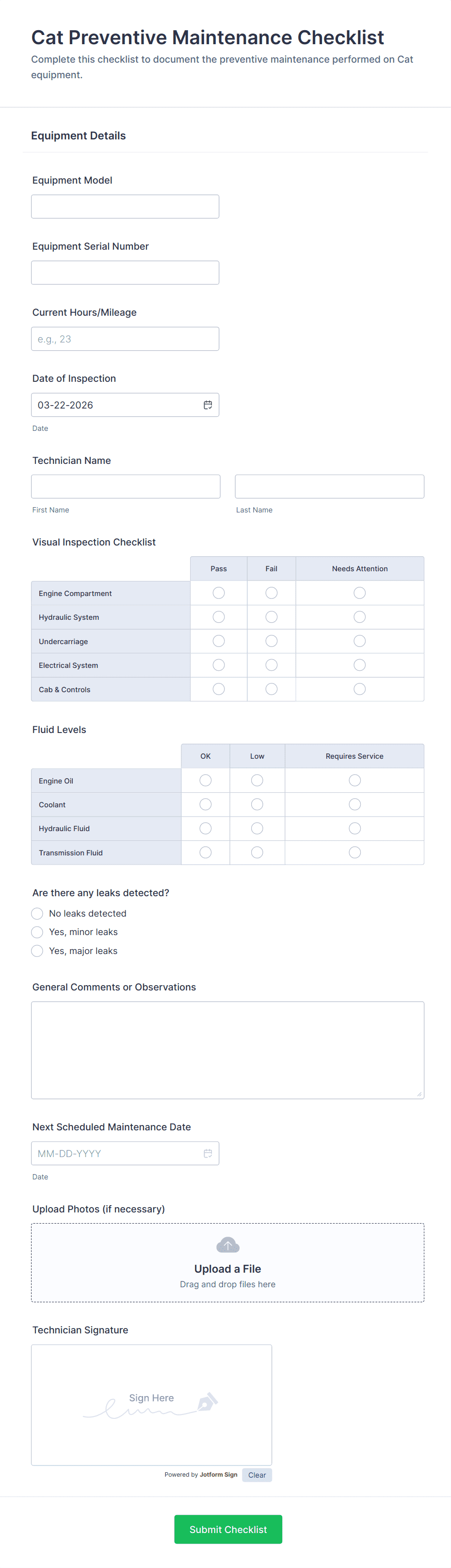 Cat Preventive Maintenance Checklist Form Template | Jotform