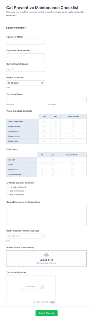 Cat Preventive Maintenance Checklist Form Template