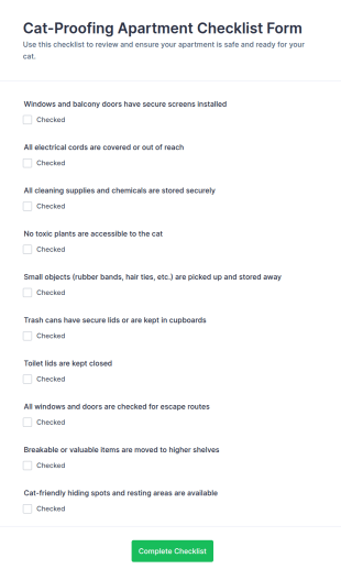 Cat Proofing Apartment Checklist Form Template