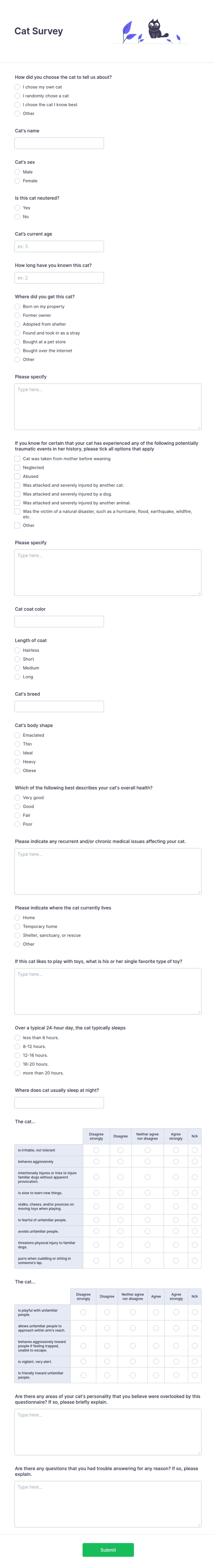 Cat Questionnaire Examples Cat Survey Form Template | Jotform
