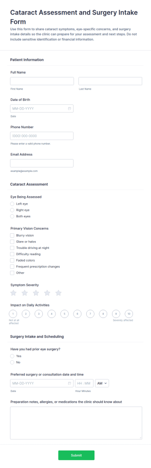 Cataract Assessment And Surgery Intake Form Template