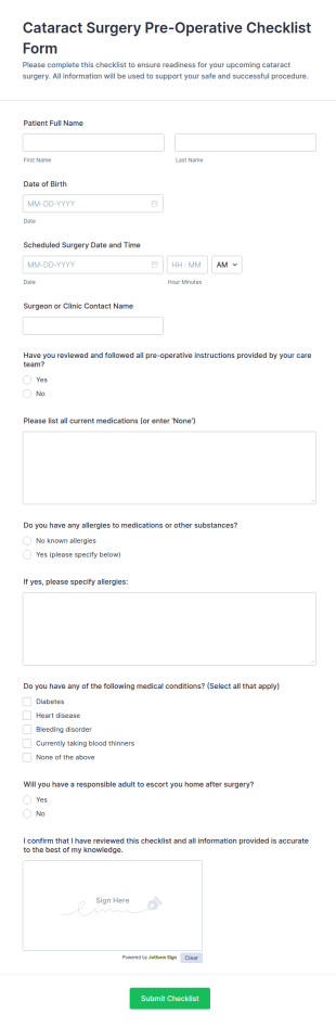 Cataract Surgery Pre Operative Checklist Form Template