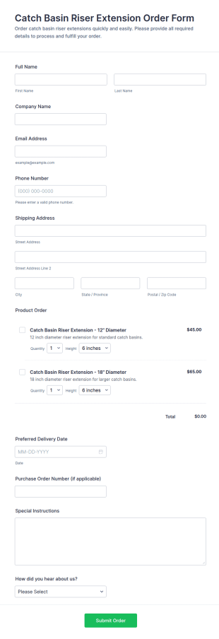 Catch Basin Riser Extension Order Form Template