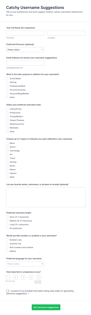 Catchy Username Suggestions Form Template