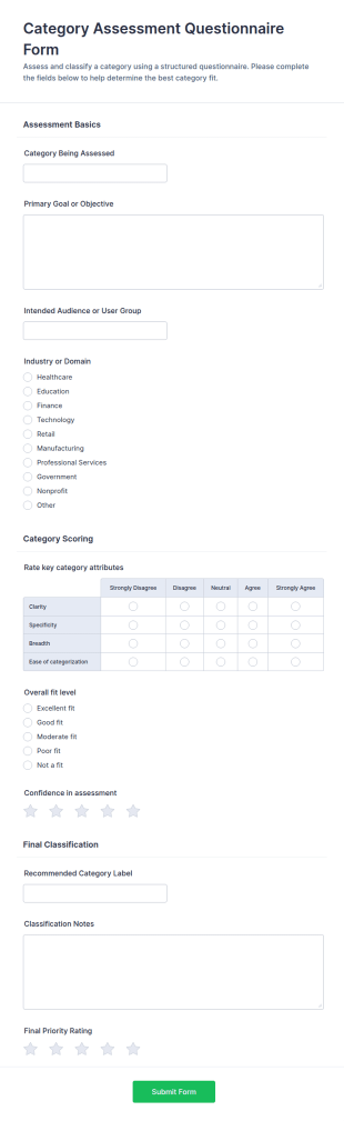 Category Assessment Questionnaire Form Template