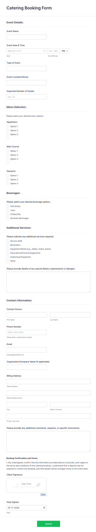 Catering Booking Form Template