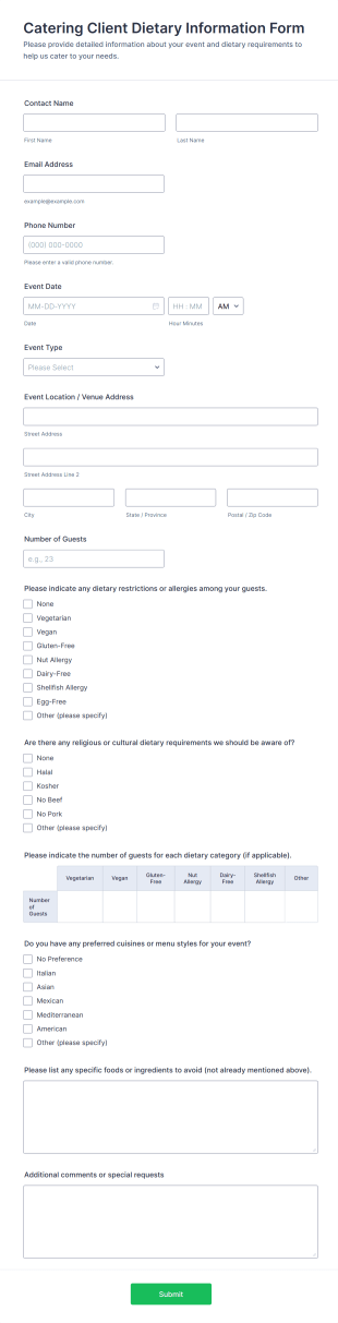 Catering Client Dietary Information Form Template