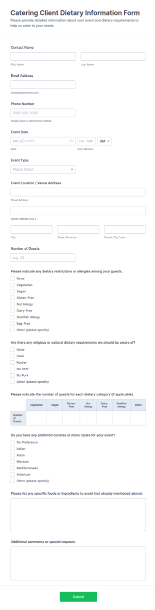 Catering Client Dietary Information Form Template