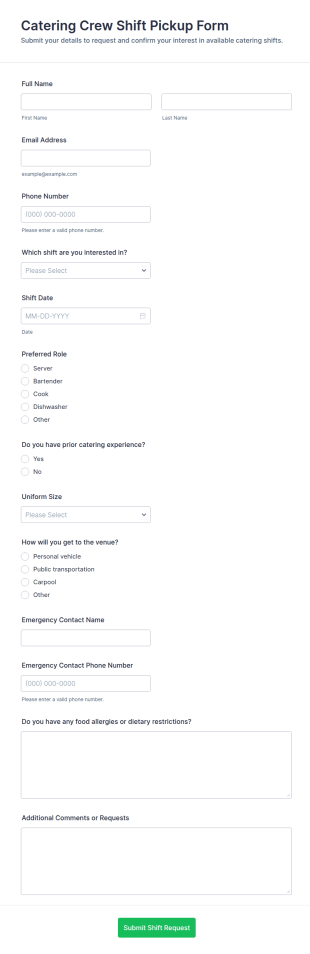 Catering Crew Shift Pickup Form Template