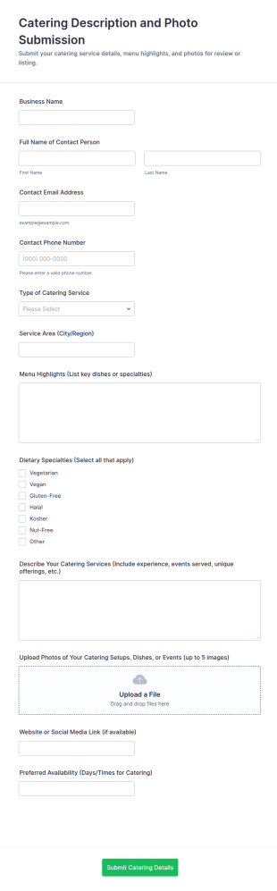 Catering Description And Photo Submission Form Template