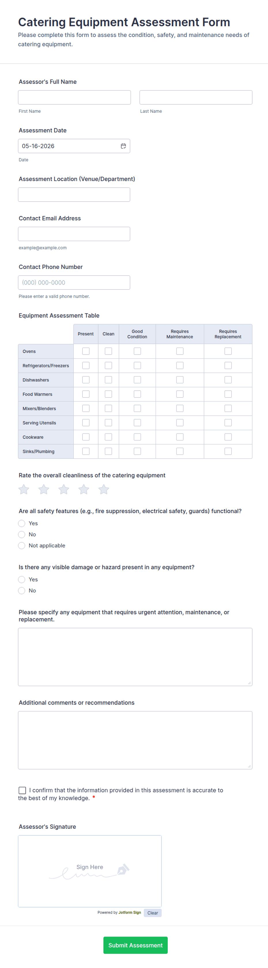 Catering Equipment Assessment Form Template | Jotform