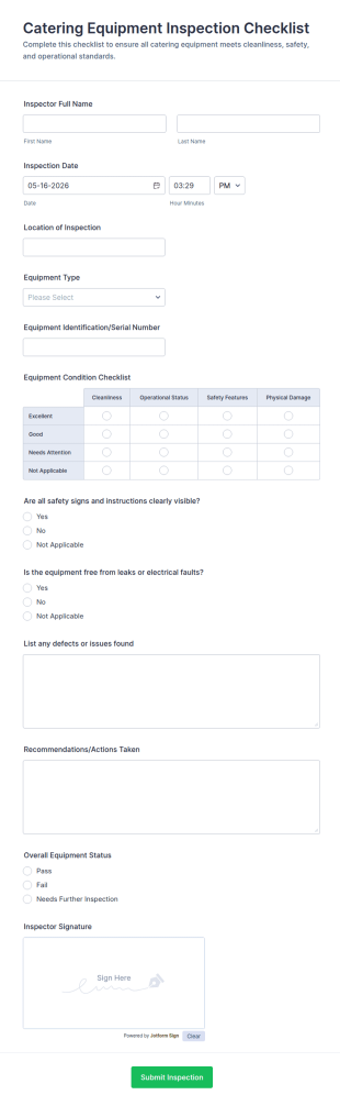 Catering Equipment Inspection Checklist Form Template