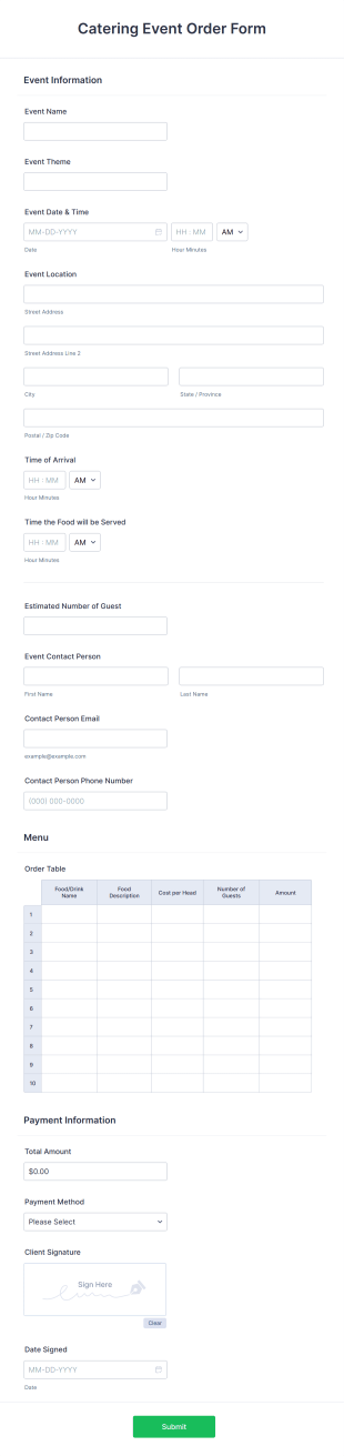 Catering Event Order Form Template