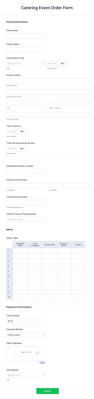 Catering Event Order Form Template