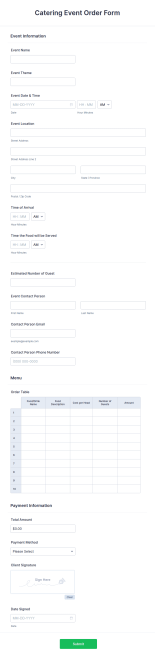 Catering Event Order Form Template