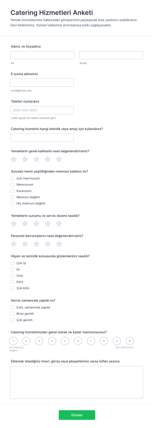 Catering Hizmetleri Anketi Form Şablonu