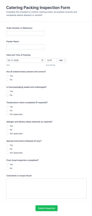 Catering Packing Inspection Form Template