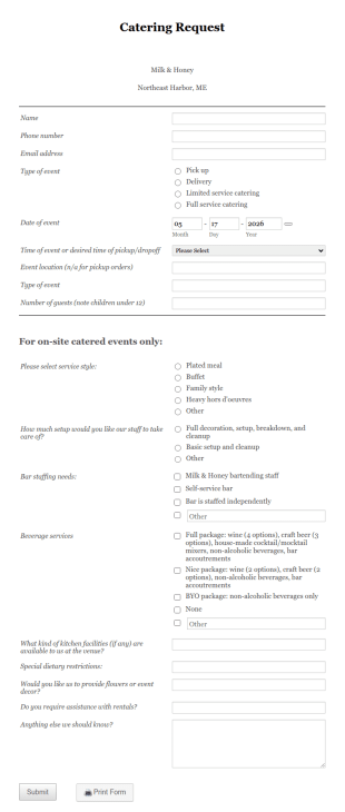 Catering Request Form Milk & Honey