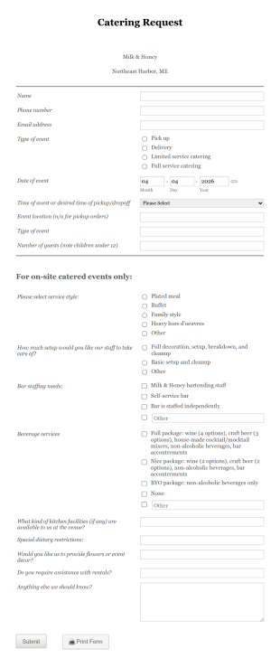 Catering Request Form Milk & Honey